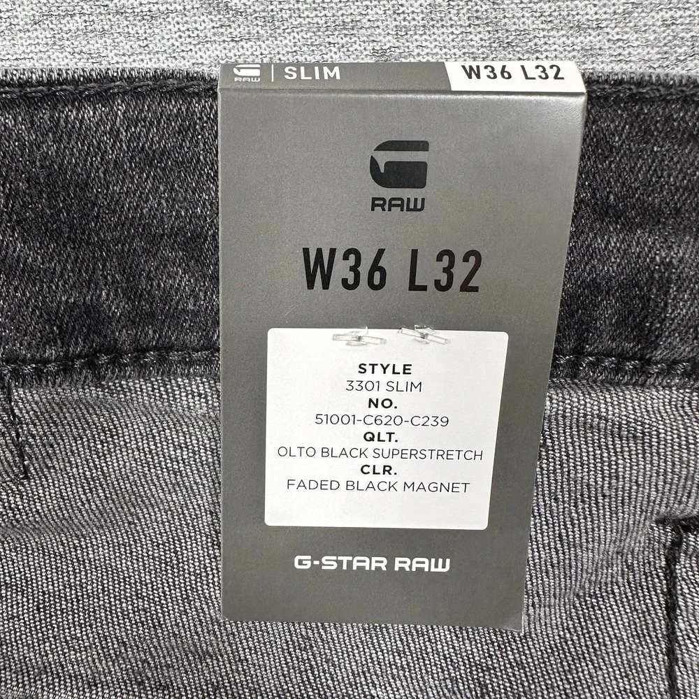 G-Star Raw Jeans Mens Size 36x32 Black Denim 3301 Slim Stretch Button Fly NEW